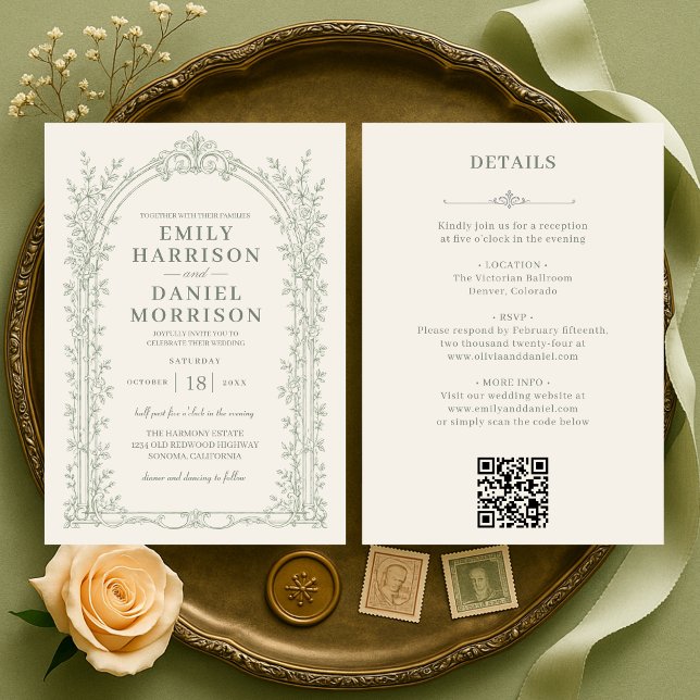 Convite Casamento Elegante Código QR Verde Sálvia Vitorian (Criador carregado)