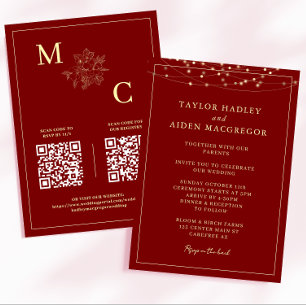 Convite Casamento Elegante Código QR Vermelho Intenso