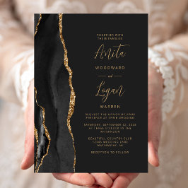 Convite Casamento Elegante com Ágata Preta e Letra Dourada