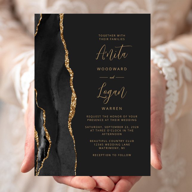 Convite Casamento Elegante com Ágata Preta e Letra Dourada (Criador carregado)