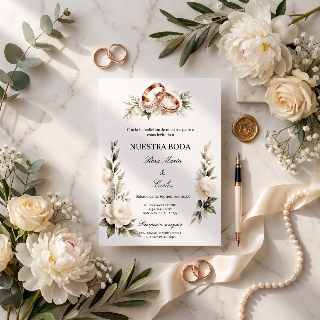 Convite Casamento Elegante com Anéis Dourados e Flores Bra (Criador carregado)