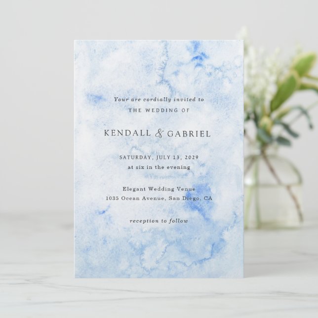 Convite Casamento Elegante com Aquarela Azul Moderna (Em pé/Frente)