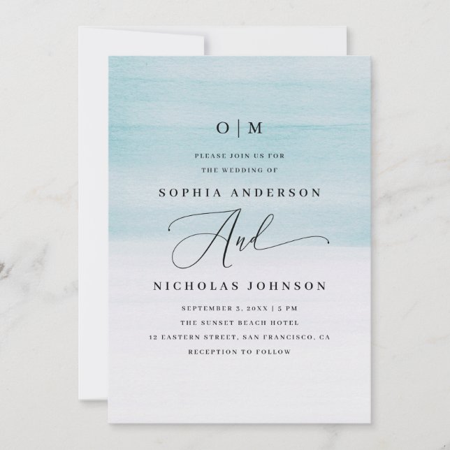 Convite Casamento Elegante com Aquarela Azul | Rótulo Náut (Frente)