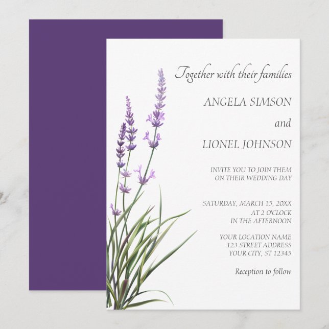 Convite Casamento Elegante com Aquarela de Lavanda  (Frente/Verso)