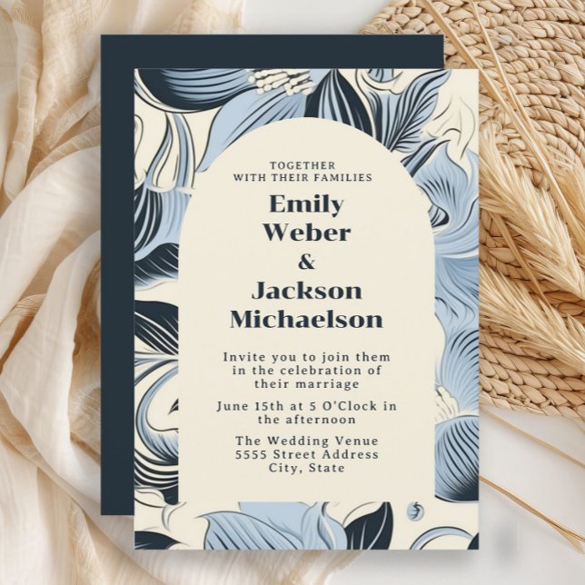 Convite Casamento Elegante com Arco Azul Poeira de Naval  (Navy blue, light lblue, and cream-colored retro style flowers wedding invitation)