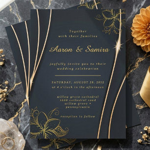 Convite Casamento Elegante com Arte Floral em Ouro e Azul-