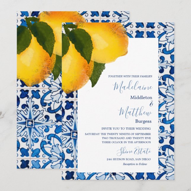 Convite Casamento Elegante com Azulejo Mediterrâneo Azul L (Frente/Verso)
