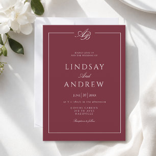 Convite Casamento Elegante com Bordas e Monograma Burgundy