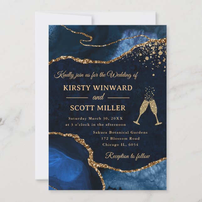 Convite Casamento Elegante com Brilho Azul e Dourado de Ág (Frente)