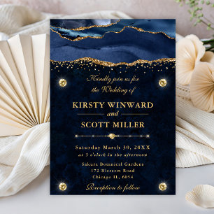Convite Casamento Elegante com Brilho Azul e Dourado de Ág