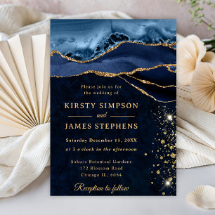 Convite Casamento Elegante com Brilho Azul e Dourado de Ág