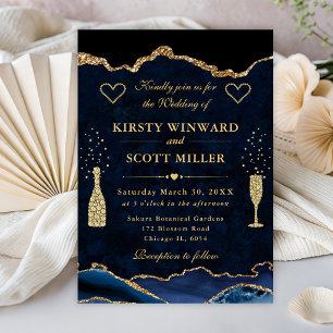 Convite Casamento Elegante com Brilho Azul e Dourado de Ág
