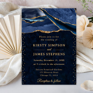 Convite Casamento Elegante com Brilho Azul e Dourado em Ág
