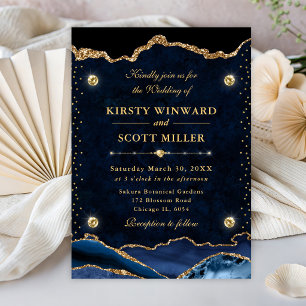 Convite Casamento Elegante com Brilho Azul e Dourado em Ág