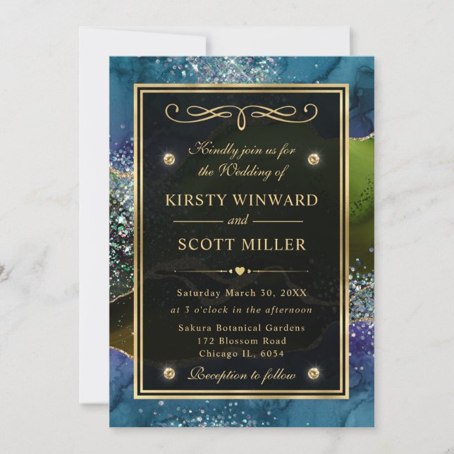 Convite Casamento Elegante com Brilho Azul, Verde e Dourad (Frente)