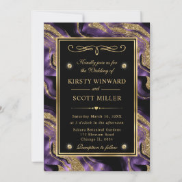 Convite Casamento Elegante com Brilho de Ágata Roxo e Dour
