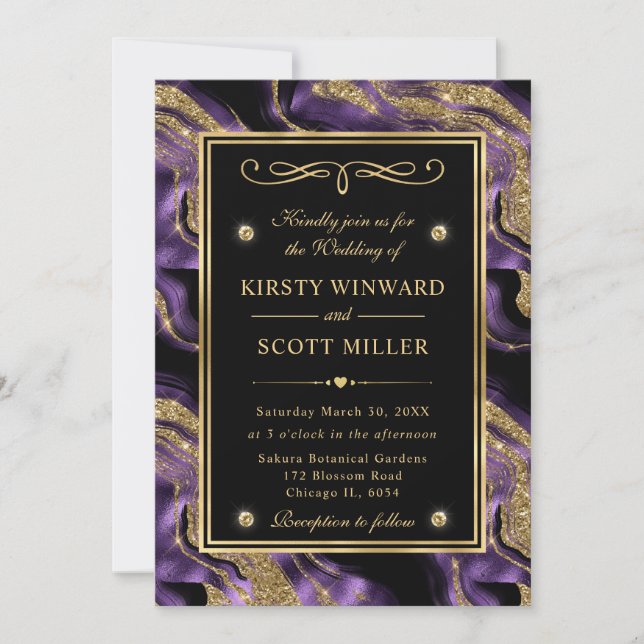 Convite Casamento Elegante com Brilho de Ágata Roxo e Dour (Frente)