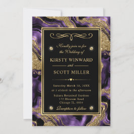 Convite Casamento Elegante com Brilho de Ágata Roxo e Dour