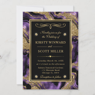 Convite Casamento Elegante com Brilho de Ágata Roxo e Dour