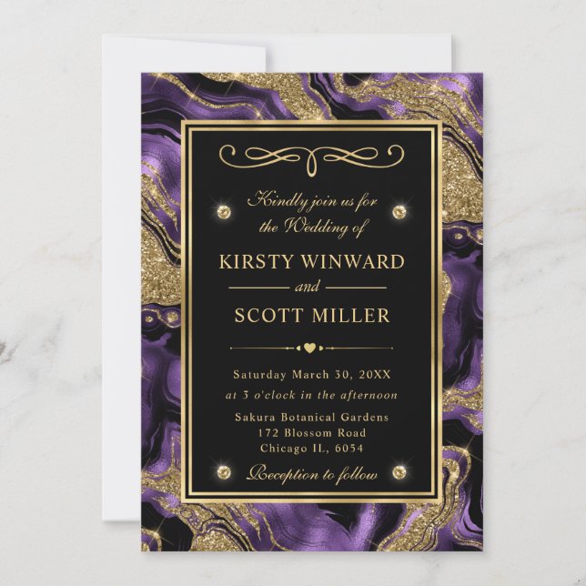 Convite Casamento Elegante com Brilho de Ágata Roxo e Dour (Frente)
