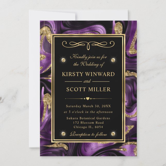 Convite Casamento Elegante com Brilho Dourado e Roxo Derre (Frente)