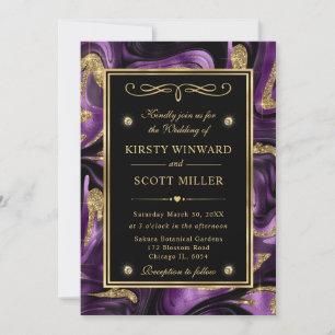Convite Casamento Elegante com Brilho Dourado e Roxo Derre