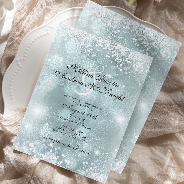Convite Casamento Elegante com Brilho Prata Azul Claro (Criador carregado)