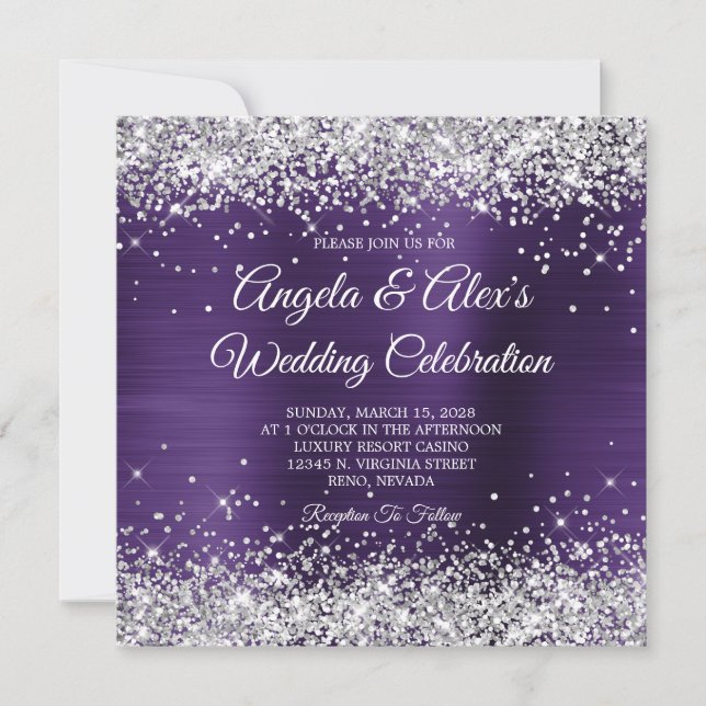 Convite Casamento Elegante com Brilho Prateado e Violeta E (Frente)