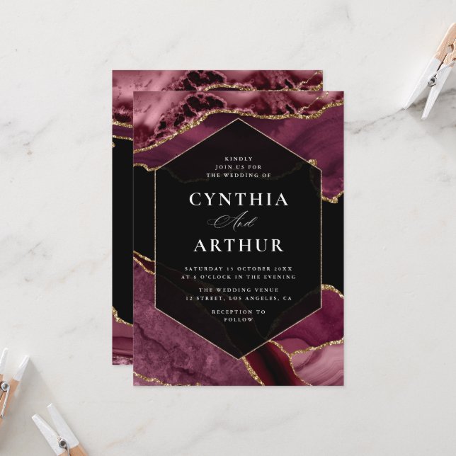Convite casamento elegante com burgundy e dourado agate (Frente/Verso In Situ)