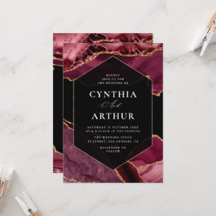 Convite casamento elegante com burgundy e dourado agate