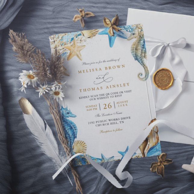 Convite Casamento Elegante com Código QR Aquarela Sob o Ma (Criador carregado)