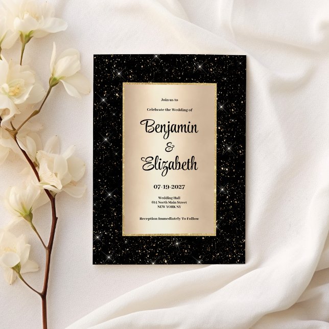 Convite Casamento elegante com confete brilhante dourado p (Elegant black gold glitter confetti Wedding)