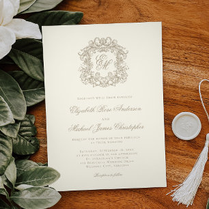 Convite Casamento Elegante com Crista Monograma Marfim Orn