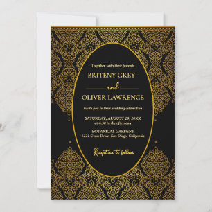 Convite Casamento Elegante com Damasco Preto e Dourado