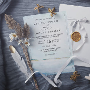 Convite Casamento Elegante com Destino de Praia em Aquarel