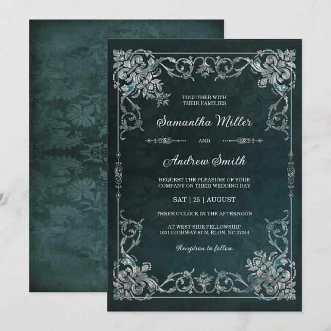 Convite Casamento Elegante com Esmeralda e Diamante (Frente/Verso)