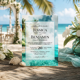 Convite Casamento Elegante com Estilo Aquarela de Praia Tr