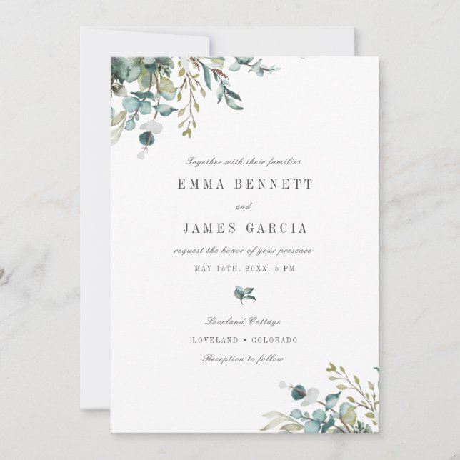 Convite Casamento Elegante com Eucalipto em Aquarela (Frente)