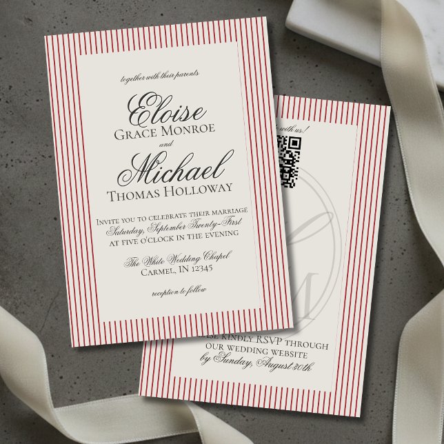 Convite Casamento Elegante com Faixa Vermelha e Letra de R (Elegant Old Money Script Red Stripe Wedding Invitation)