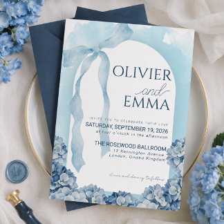 Convite Casamento Elegante com Fita de Hortênsia Azul