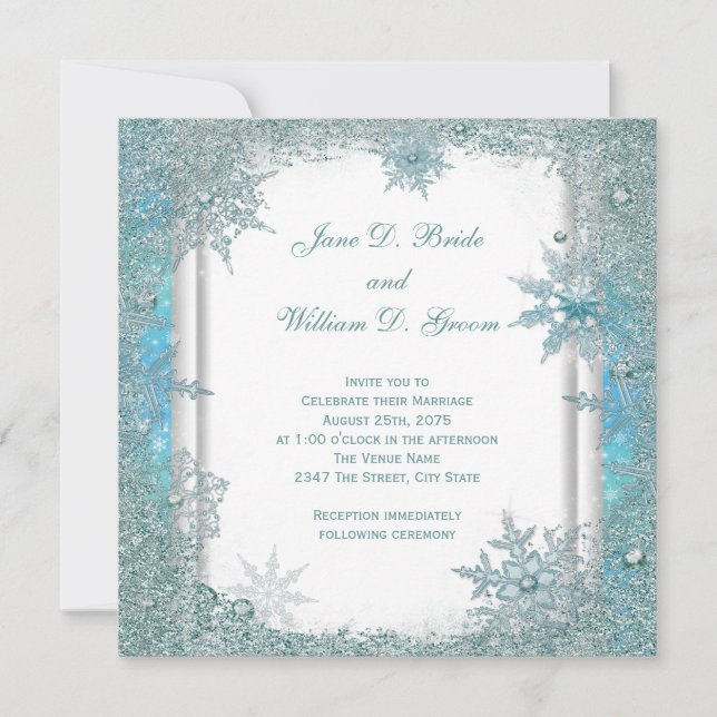 Convite Casamento Elegante com Floco de Neve em Azul Turqu (Frente)