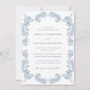 Convite Casamento Elegante com Florais Vintage em Azul Emp