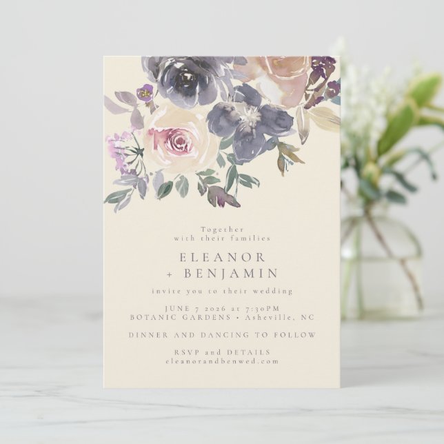 Convite Casamento Elegante com Floral Água-Marinha Roxa Mo (Em pé/Frente)