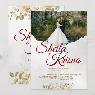 Convite Casamento Elegante com Floral Cinza Marrom com Fot