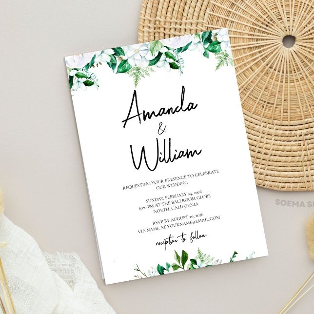 Convite Casamento Elegante com Flores Brancas e Folhagens (Elegant Lush White Floral and Greenery Wedding Invitation)