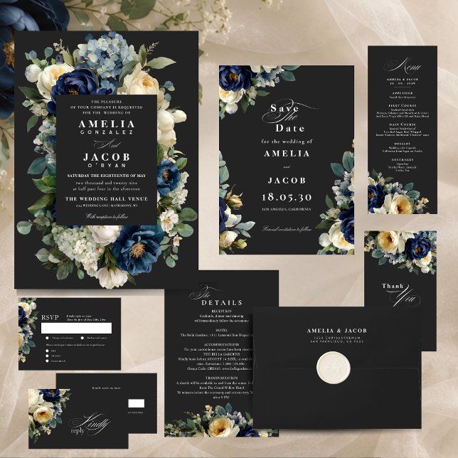 Convite Casamento Elegante com Flores em Azul Naval e Peôn (Criador carregado)