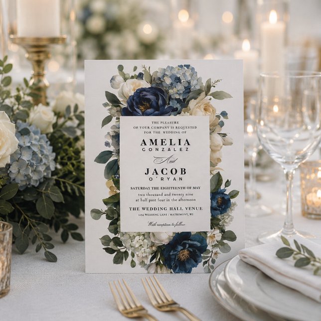 Convite Casamento Elegante com Flores em Azul Naval e Peôn (Navy blue wedding invitation
)