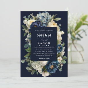 Convite Casamento Elegante com Flores em Azul Naval e Peôn