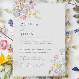 Convite Casamento Elegante com Flores Silvestres em Azul E