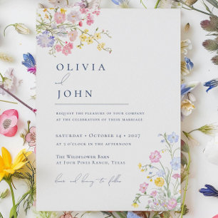 Convite Casamento Elegante com Flores Silvestres em Azul E
